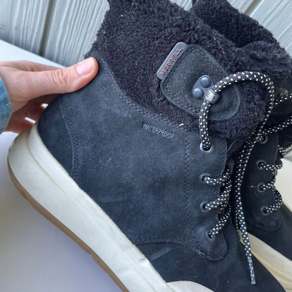 Merrell Marquette Thermo Lace Waterproof Boots 9.5/10 Black Suede Fleece
